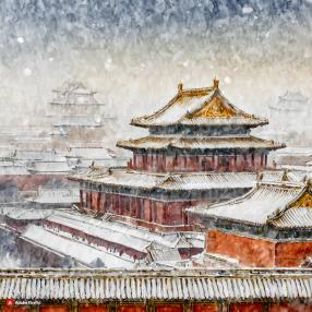 Firefly Overhead view of the magnificent Forbidden City in snowy weather.